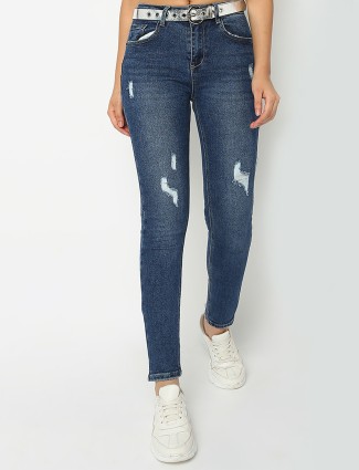 Deal dark blue washed and ripped jeans