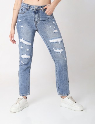 Deal washed and ripped sky blue mom jeans