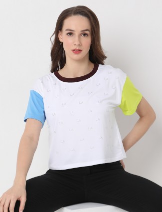 DEAL white and blue color block casual crop top