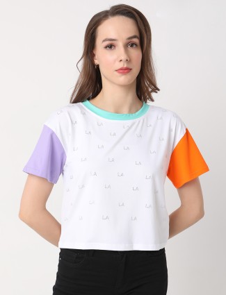 Deal white and purple color block crop top