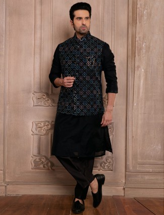 Designer black silk waistcoat set for men