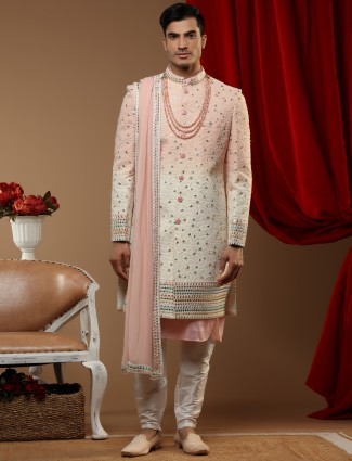 Designer cotton silk sherwani in pink color