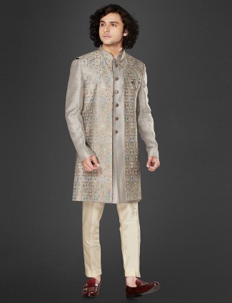 Designer grey color raw silk fabric indowestern
