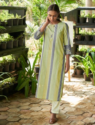 Designer lemon yellow stripe cotton casual wear kurti