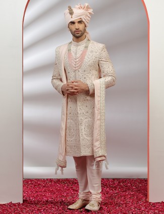 Designer light pink color raw silk fabric sherwani