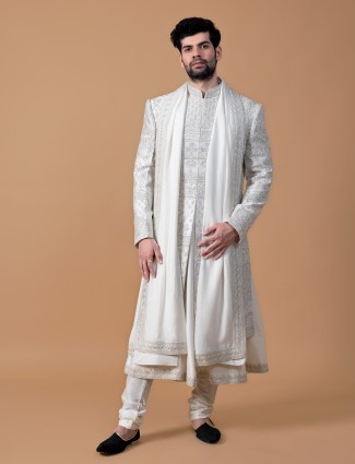 Designer off white raw silk sherwani