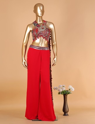 Designer red silk palazzo suit