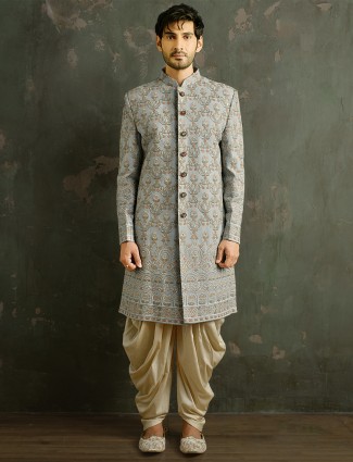 Dhoti style indowestern suit for mens in grey tint