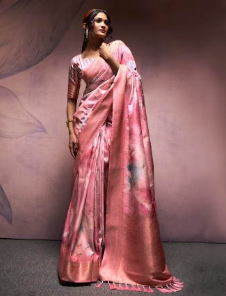Digital printed soft silk light pink saree