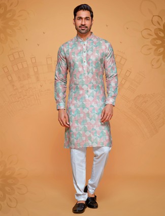 Dusty peach printed linen cotton kurta suit