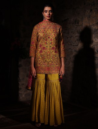 Dusty yellow silk sharara suit with embroidery
