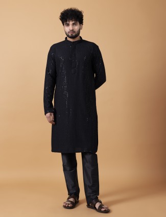 Elegant black cotton embroidery kurta suit