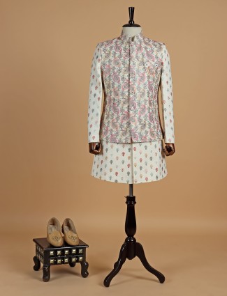 Elegant cream silk embroidery waistcoat set