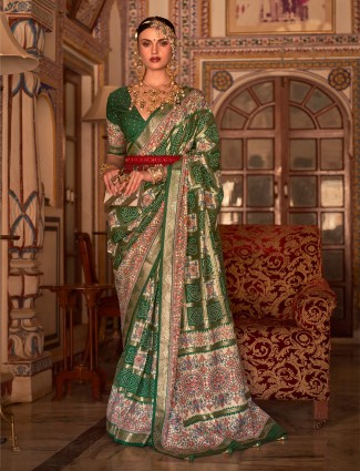 Elegant dark green printed saree