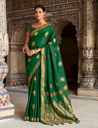 Elegant dark green satin silk saree