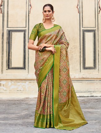 Elegant green silk printed saree