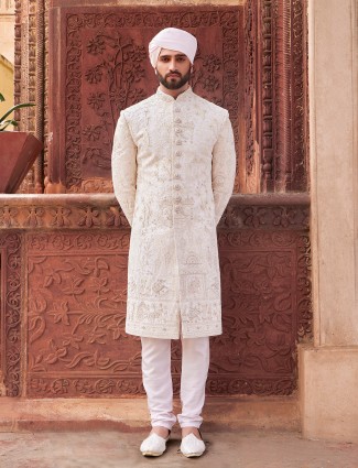 Elegant groom cream silk sherwani