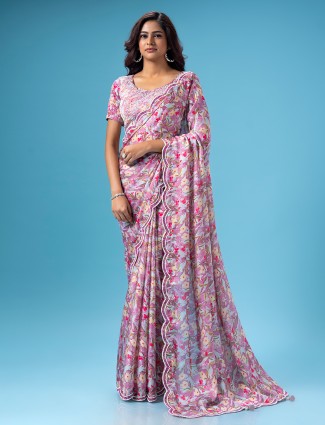 Elegant mauve pink printed saree