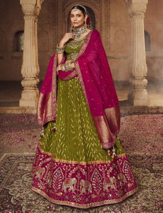Elegant mehndi green lehenga choli in silk