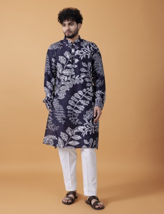 Elegant navy printed kurta suit in cotton
