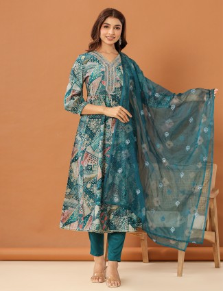Elegant rama blue silk printed kurti set