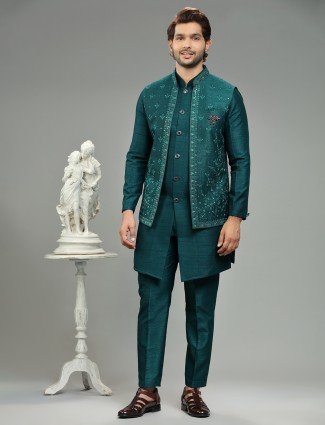 Elegant rama green silk waistcoat set