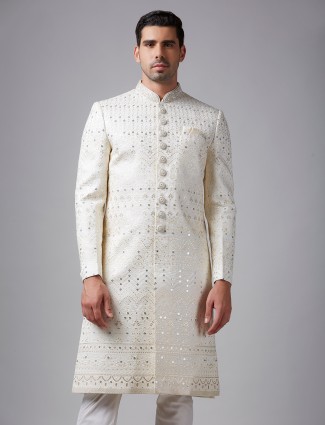 Elegant raw silk off-white groom sherwani