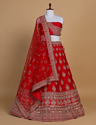 Elegant raw silk unstitched lehenga choli in red