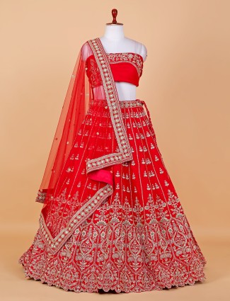 Elegant red bridal lehenga choli in raw silk
