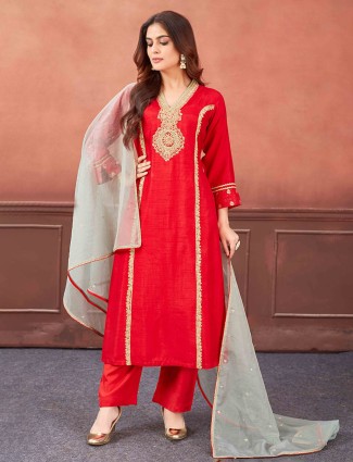 Elegant red silk salwar suit with dupatta