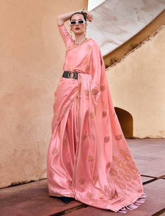 Elegant satin light pink saree