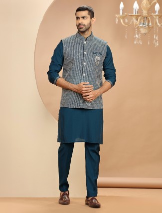 Elegant silk rama blue waistcoat set