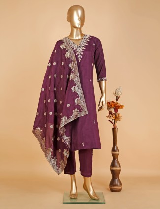 Elegant wine raw silk salwar suit