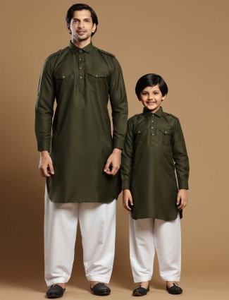 olive festive wear plain cotton silk father son matching pathani suit 
