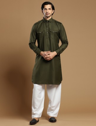 Olive festive wear plain cotton silk pathani suit 