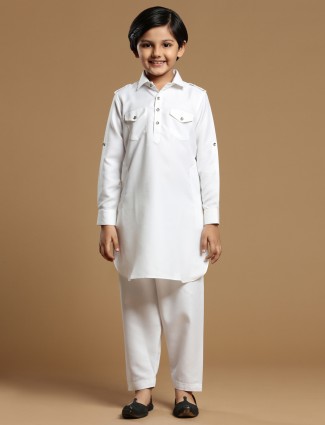 white festive wear plain cotton silk pathani suit 