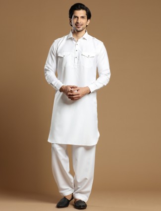 Extraordinary white plain cotton silk pathani suit 