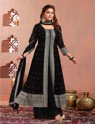 Eye catching Black georgette front slit palazzo suit