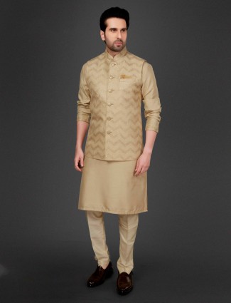 Fabulous beige cotton silk waistcoat set for men