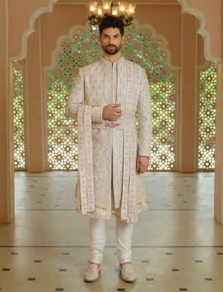Fabulous beige silk sherwani