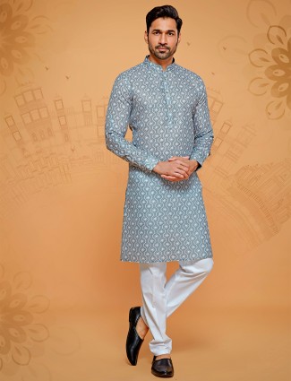 Fabulous printed grey linen cotton kurta suit