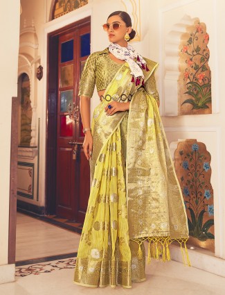Fabulous yellow linen saree