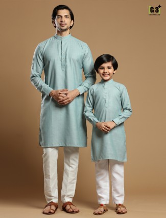 Father and son concept mint green cotton kurta suit