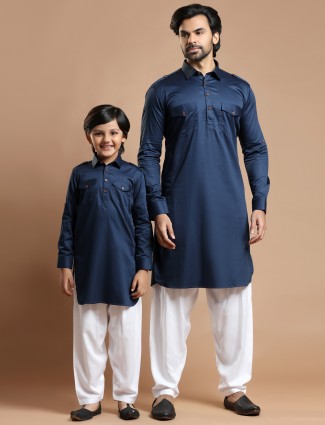 Father and son concept royal blue cotton silk pathani suit