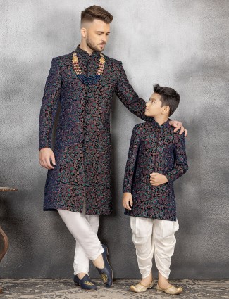 Father and son velvet navy indowestern