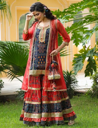 Festival sessions red and navy punjabi jacket style cotton sharara suit