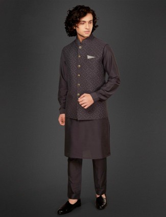 Festive charcoal grey cotton silk men waistcoat set