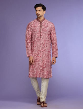 Festive cotton maroon kurta suit in printed