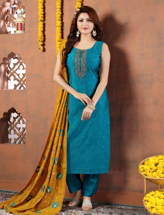 Festive rama blue silk salwar suit