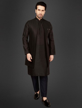 Festive wear black cotton silk waistcoat set for men